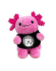 A pink plush axolotl with bright magenta felt head fins and a black shirt featuring a circular silver polar bear logo, set against a plain white background.