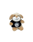 Small, stubby plush tan dog in black T-shirt decorated with Bowdoin mascot medallion.
