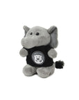 Small, stubby plush grey elephant in black T-shirt decorated with Bowdoin mascot medallion.