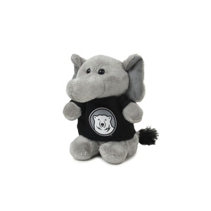 Small, stubby plush grey elephant in black T-shirt decorated with Bowdoin mascot medallion.