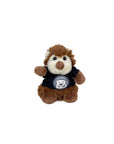 Small, stubby plush brown hedgehog in black T-shirt decorated with Bowdoin mascot medallion.