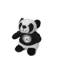 Small, stubby plush panda bear in black T-shirt decorated with Bowdoin mascot medallion.