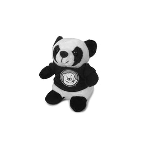 Small, stubby plush panda bear in black T-shirt decorated with Bowdoin mascot medallion.