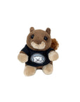 Small, stubby plush brown squirrel in black T-shirt decorated with Bowdoin mascot medallion.