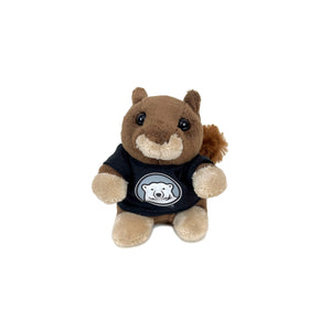 Small, stubby plush brown squirrel in black T-shirt decorated with Bowdoin mascot medallion.