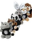 Tiny stuffed plush elephant, squirrel, panda, rabbit, dog, and hedgehog.