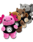 Four plush animal toys arranged in a row on a white background: a pink axolotl wearing a black shirt with a polar bear logo, a brown capybara wearing a black shirt, a gray elephant wearing a black shirt, and a brown squirrel wearing a black shirt
