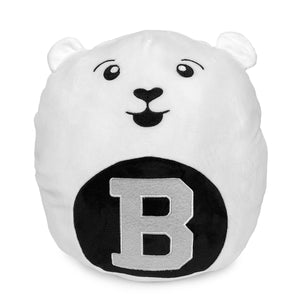 Round white velvet plush pillow with ears. Embroidered bear face, black oval on belly with large white Bowdoin B inside.