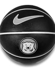 Black toy basketball with Nike Swoosh in grey and white over a black, white, and grey mascot medallion.