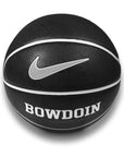 Reverse side of toy basketball with grey and white Nike Swoosh over BOWDOIN in white.