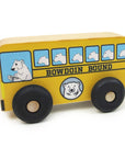 Driver side of Bowdoin Bound wooden toy schoolbus.