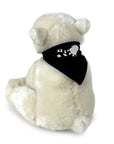 Back of polar bear showing the imprint of a cartoon polar bear in a striped scarf on the bandanna.