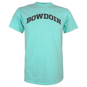 Oasis blue short sleeved T-shirt with black imprint of BOWDOIN arched on chest.