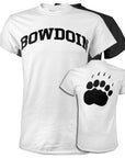 Picture of two different Bowdoin T-shirts, one black, one white. There is also a picture of the back of the white shirt, showing a large black paw print.