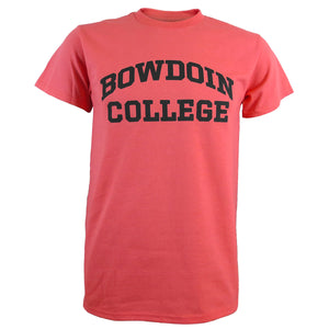 Bright coral pink t-shirt with black imprint of BOWDOIN arched over COLLEGE