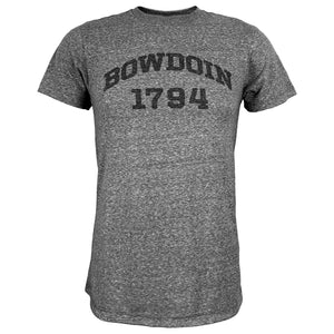 Blackish grey heather with translucent chest imprint of BOWDOIN curved over 1794.