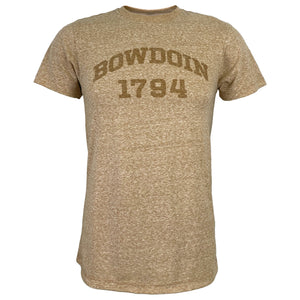 Khaki heather with translucent chest imprint of BOWDOIN curved over 1794.