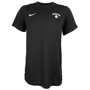 Black short-sleeved tee with white imprint of Nike Swoosh on right chest, and white arched BOWDOIN over polar bear medallion on left chest.