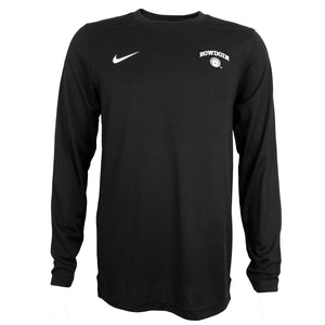 Black long-sleeved tee with white imprint of Nike Swoosh on right chest, and white arched BOWDOIN over polar bear medallion on left chest.