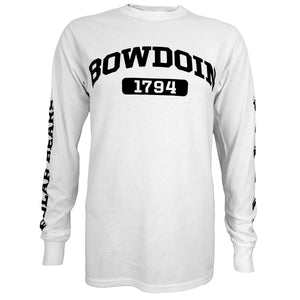 White long-sleeved T-shirt with black imprint of BOWDOIN arched over 1794 in white in a black box imprint on chest, POLAR BEARS on right sleeve, and paw prints on left sleeve.
