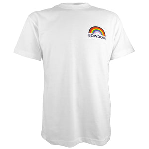 White T-shirt with left chest imprint of full-color pride rainbow arched over BOWDOIN in black.