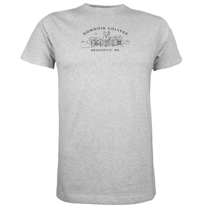 Ash grey heather short-sleeved tee with grey line imprint of BOWDOIN COLLEGE arched over drawing of Hubbard Hall with EST 1794 over BRUNSWICK, ME
