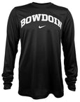 Black long sleeved tee with arched Bowdoin imprint on chest in white with grey outline over white Nike Swoosh.