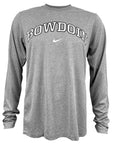 Heather grey long sleeved tee with arched Bowdoin imprint on chest in black with white outline over black Nike Swoosh.