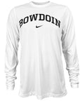 White long sleeved tee with arched Bowdoin imprint on chest in black with gray outline over black Nike Swoosh