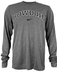 Charcoal heather long sleeved tee with arched Bowdoin imprint on chest in black with white outline over black Nike Swoosh.