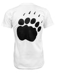 White t-shirt with a black bear paw print design on the back on a white background