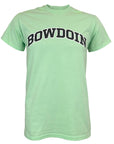 A light green crewneck t-shirt featuring the word 'BOWDOIN' printed across the chest in black varsity-style block letters with a white outline.