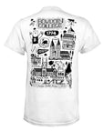 White short-sleeve t-shirt shown from the back, featuring a large black hand-drawn style graphic of Bowdoin College campus elements, buildings, and text including 'BOWDOIN COLLEGE' and '1794'.