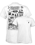 White short-sleeve t-shirt shown from both front and back. The back features a large black hand-drawn style graphic of Bowdoin College buildings, mascot, and the year 1794.