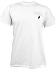 A white short-sleeve crewneck t-shirt featuring a small graphic on the left chest with the text 'BOWDOIN COLLEGE' in a light gray font and a small black State of Maine logo below it, displayed on a clean white background.