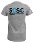 Back view of gray short sleeved t-shirt with a large SCSC logo in black and blue on the back.