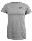 Front view of heather gray T-shirt with black Schiller Coastal Studies Center at Bowdoin on the front left chest.