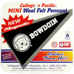 Black wedge-shaped pennant magnet with white mascot medallion and BOWDOIN imprint.