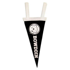 Wedge-shaped black pennant with white ties and white mascot medallion and BOWDOIN imprint.