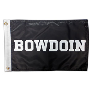 Black flag with white edge and brass grommets. White imprint of BOWDOIN on flag.