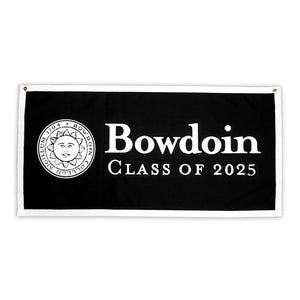 Black banner with white border and white imprint of Bowdoin College sun seal on left, and beside it BOWDOIN over the words CLASS OF 2025.