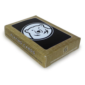 Set of playing cards with black backs with white imprint of mascot medallion.