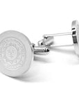 Silver cufflinks with engraved Bowdoin College seal.