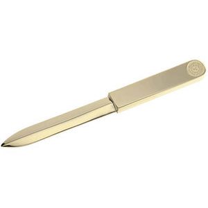 Simple gold letter opener with small Bowdoin seal engraved at end of handle.