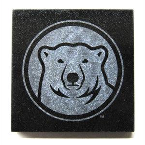 Square black granite coaster with etched mascot medallion.