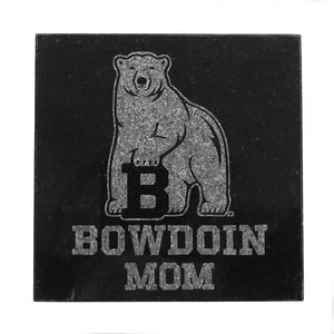 Square granite coaster with engraved polar bear mascot over Bowdoin Mom.