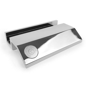 Silver tone metal business card holder with small engraved Bowdoin sun seal on right hand side.