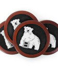 4 needlepoint coasters with Bowdoin polar bear mascot.