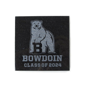 Black granite etched coaster with engraved Bowdoin polar bear mascot over BOWDOIN over CLASS OF 2024.