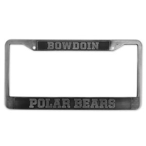 Pewter license plate frame with BOWDOIN embossed on top and POLAR BEARS embossed on the bottom.